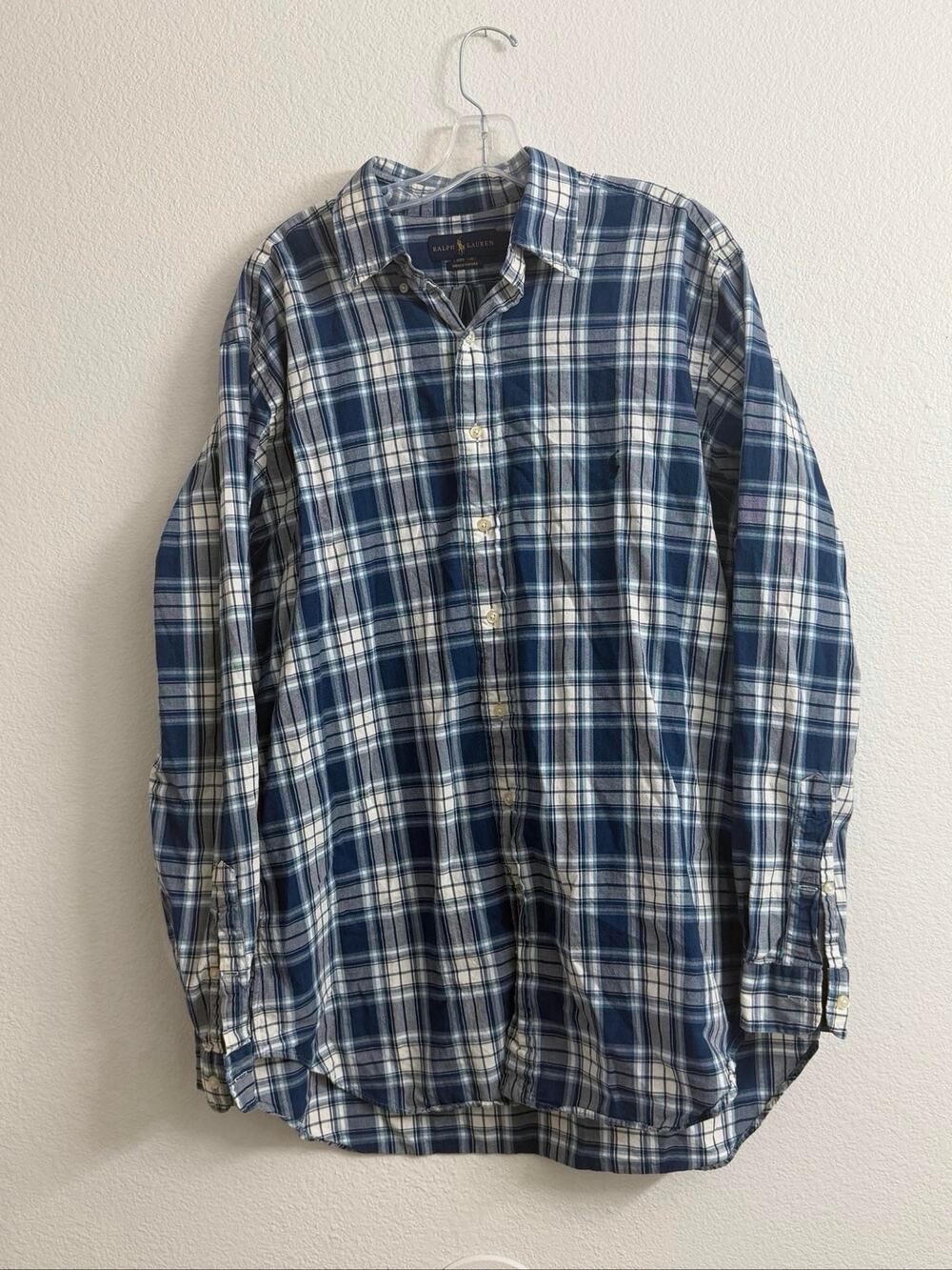 Ralph Lauren Indigo Oxford Shirt Mens LT GL Plaid Blue White Long Sleeve
